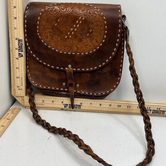 Handbags - Vintage Hand Tooled Leather Crossbody Bag Brown Western Style Braided Strap